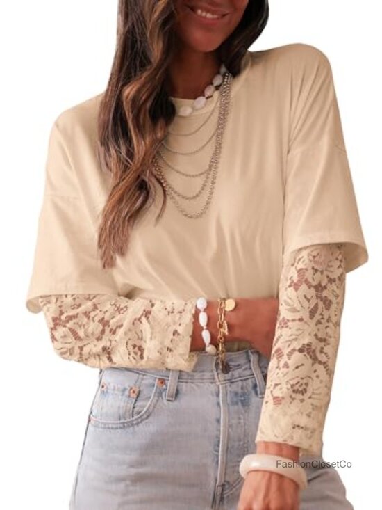 Tops - Women's Long Sleeve Lace Patchwork Crew Neck T-Shirt Top